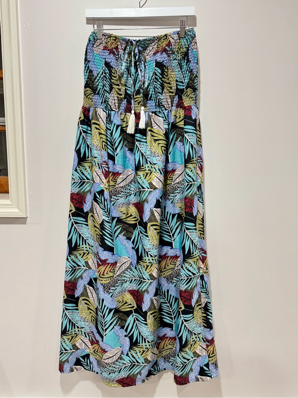 Gypsie Blu Tropical Leaf Strapless Maxi Dress Smocked Bodice Beach Resort Dress